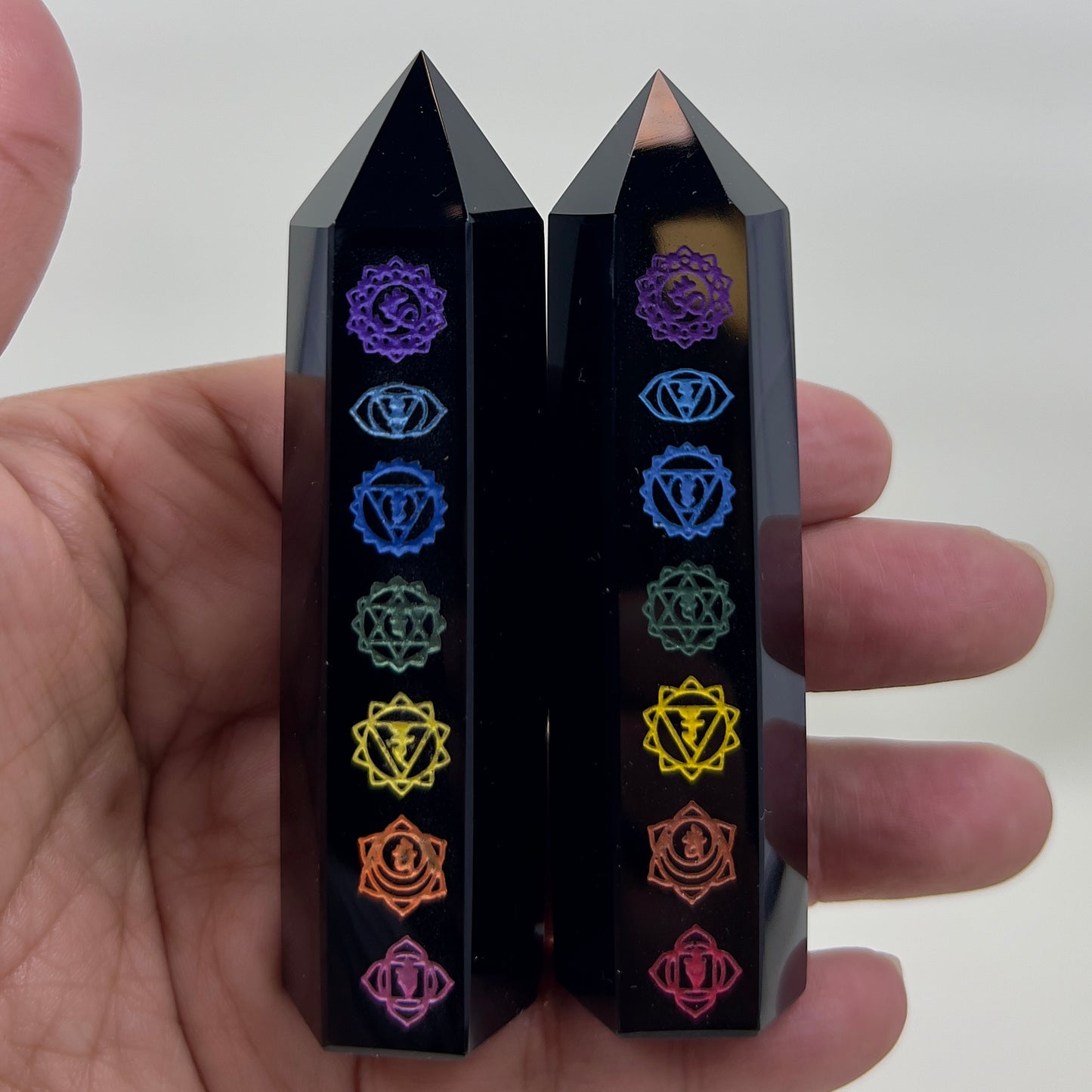 Black Obsidian Points With Chakra Print Crystal Generators YOU CHOOSE