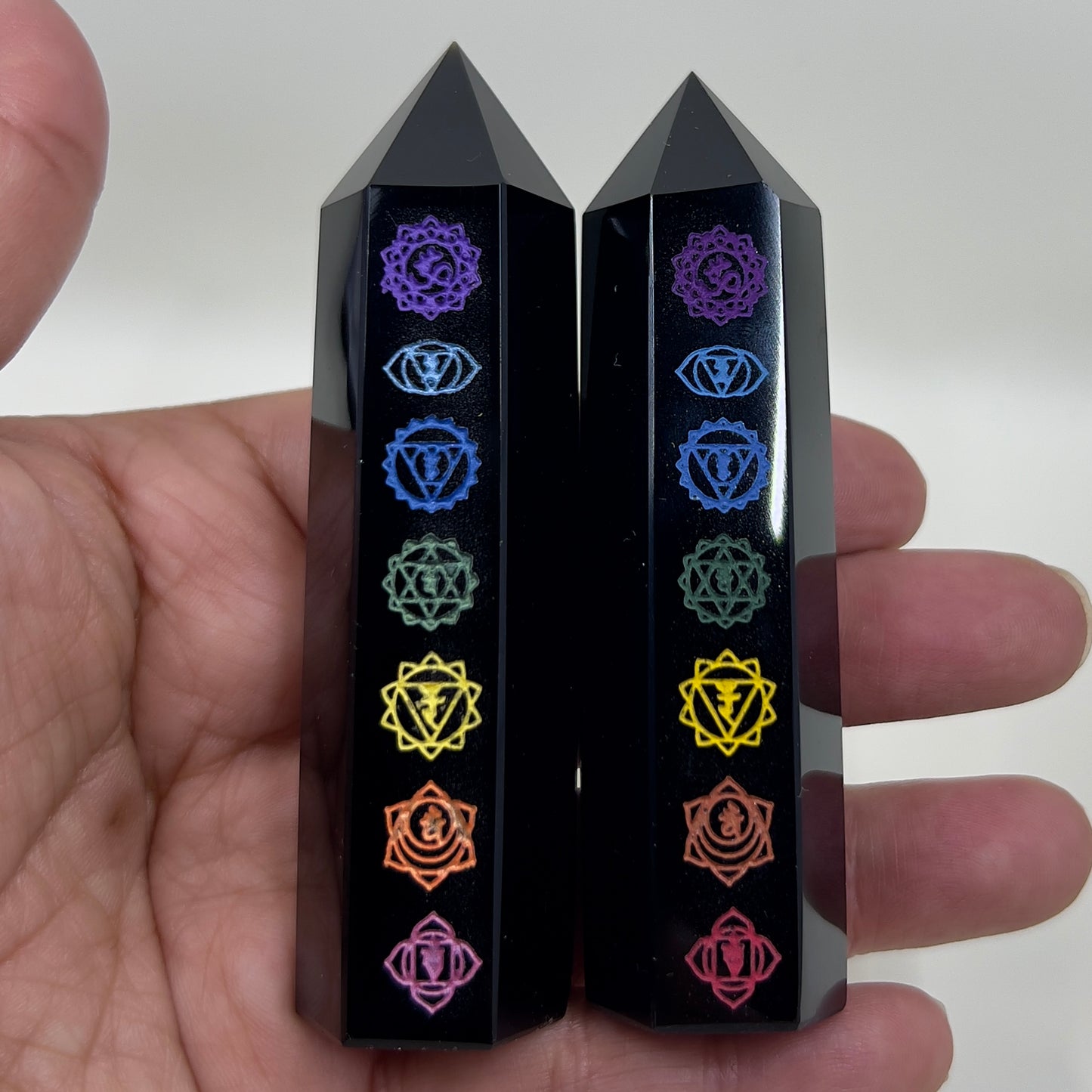 Black Obsidian Points With Chakra Print Crystal Generators YOU CHOOSE