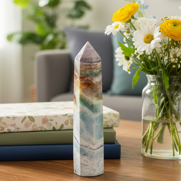 Ocean Sea Jasper Tower Healing Crystal Generator 444g 182mm