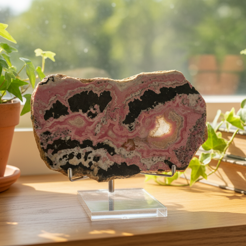 Peruvian Rhodonite Slice Slab with Stand Compassion Emotional Balance Crystal 618g