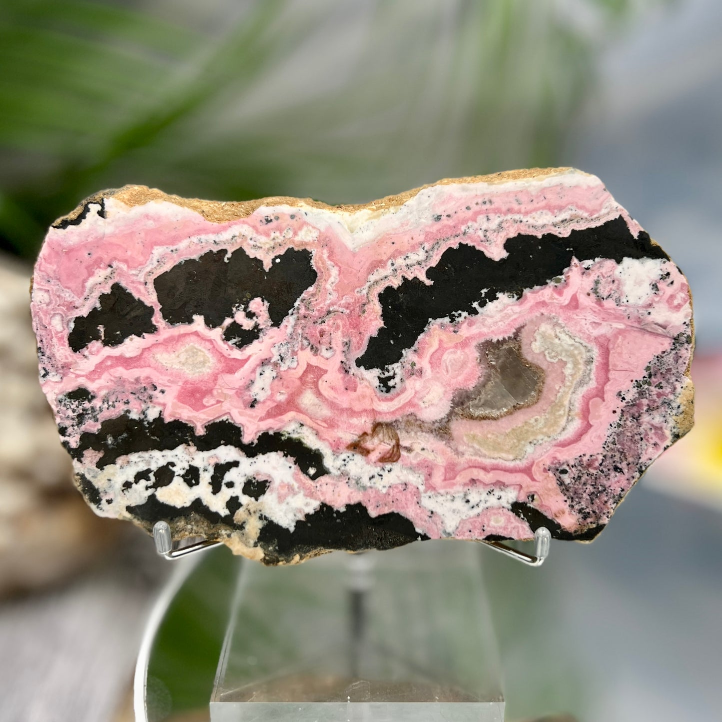 Peruvian Rhodonite Slice Slab with Stand Compassion Emotional Balance Crystal 618g