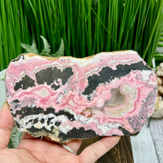 Peruvian Rhodonite Slice Slab with Stand Compassion Emotional Balance Crystal 618g