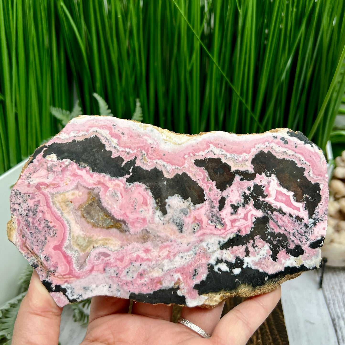 Peruvian Rhodonite Slice Slab with Stand Compassion Emotional Balance Crystal 618g