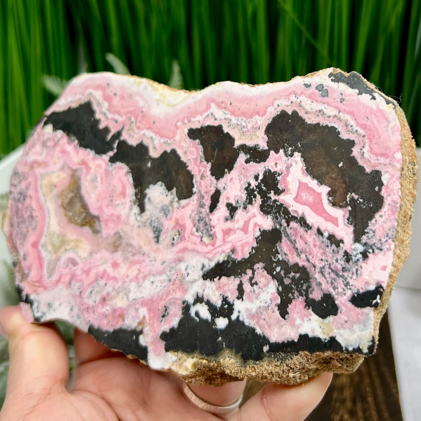 Peruvian Rhodonite Slice Slab with Stand Compassion Emotional Balance Crystal 618g
