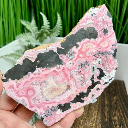 Peruvian Rhodonite Slice Slab with Stand Compassion Emotional Balance Crystal 442g