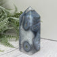 Moss Agate Tower with Blue Chalcedony Crystal Generator 186g