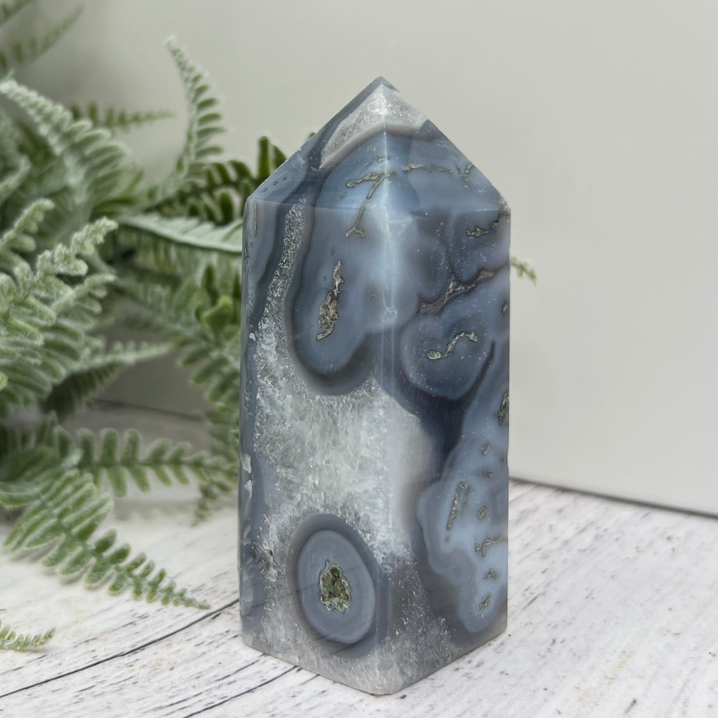 Moss Agate Tower with Blue Chalcedony Crystal Generator 186g