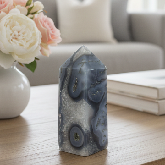 Moss Agate Tower with Blue Chalcedony Crystal Generator 186g