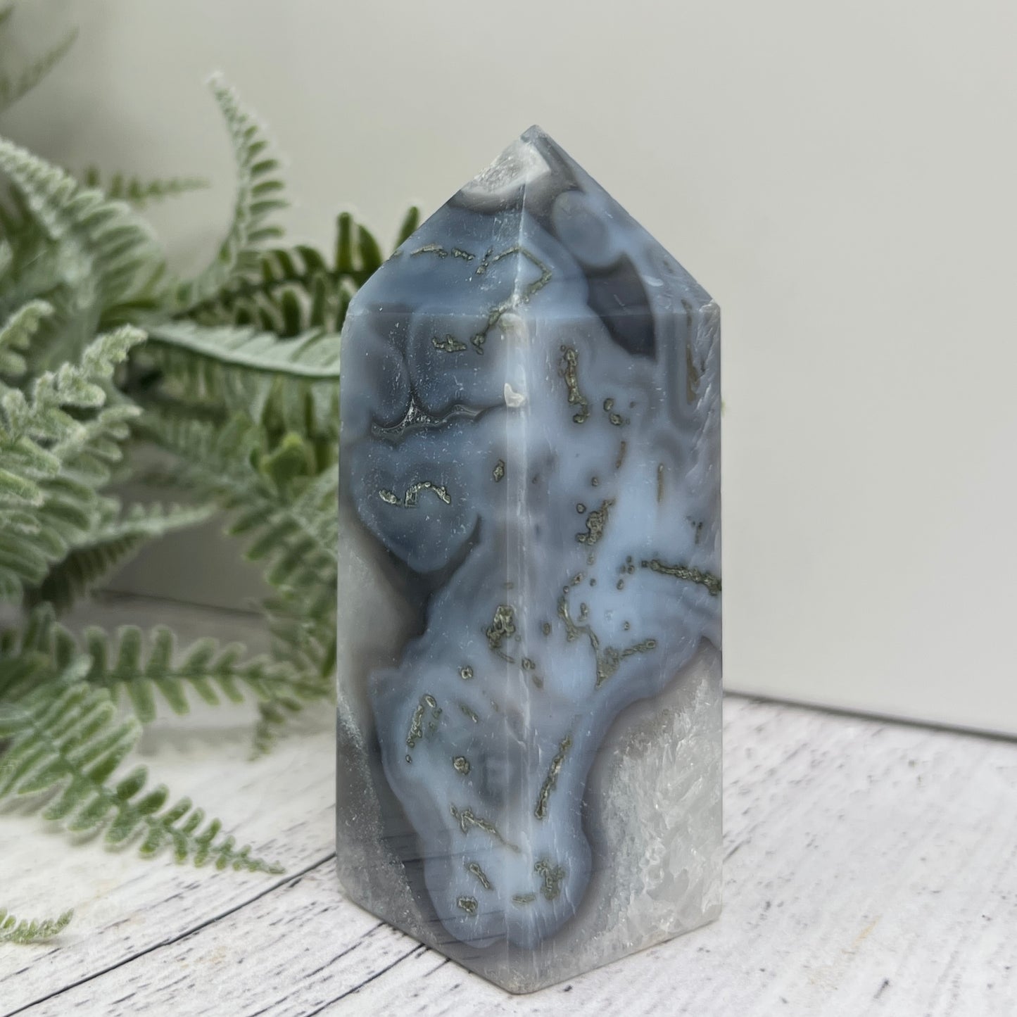Moss Agate Tower with Blue Chalcedony Crystal Generator 186g