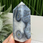 Moss Agate Tower with Blue Chalcedony Crystal Generator 186g