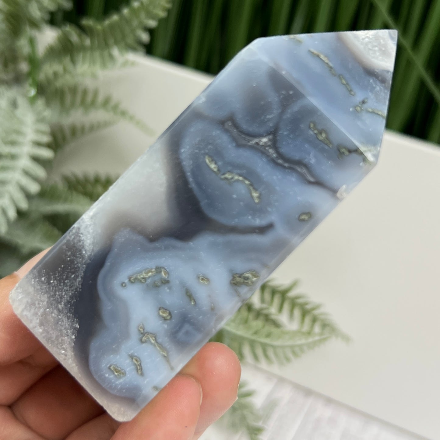 Moss Agate Tower with Blue Chalcedony Crystal Generator 186g
