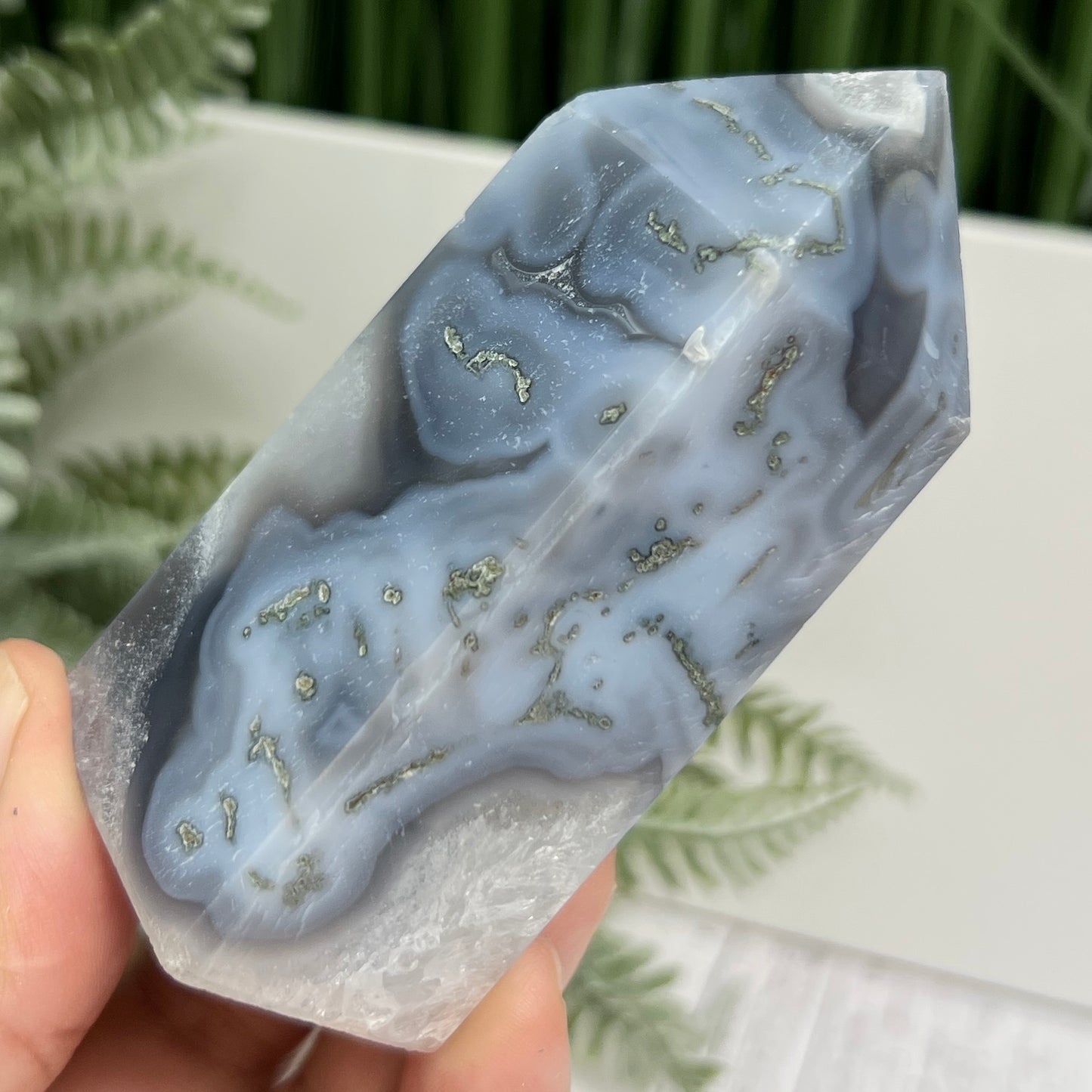 Moss Agate Tower with Blue Chalcedony Crystal Generator 186g