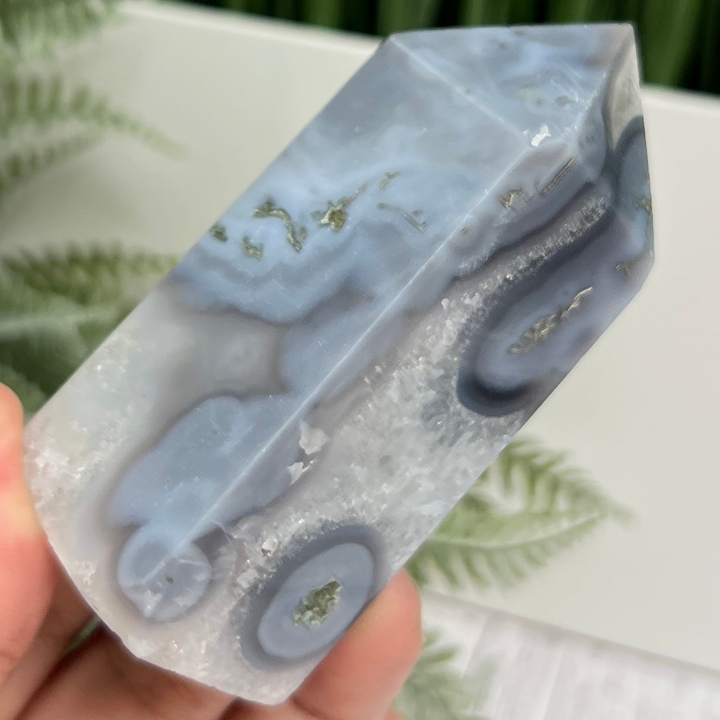 Moss Agate Tower with Blue Chalcedony Crystal Generator 186g