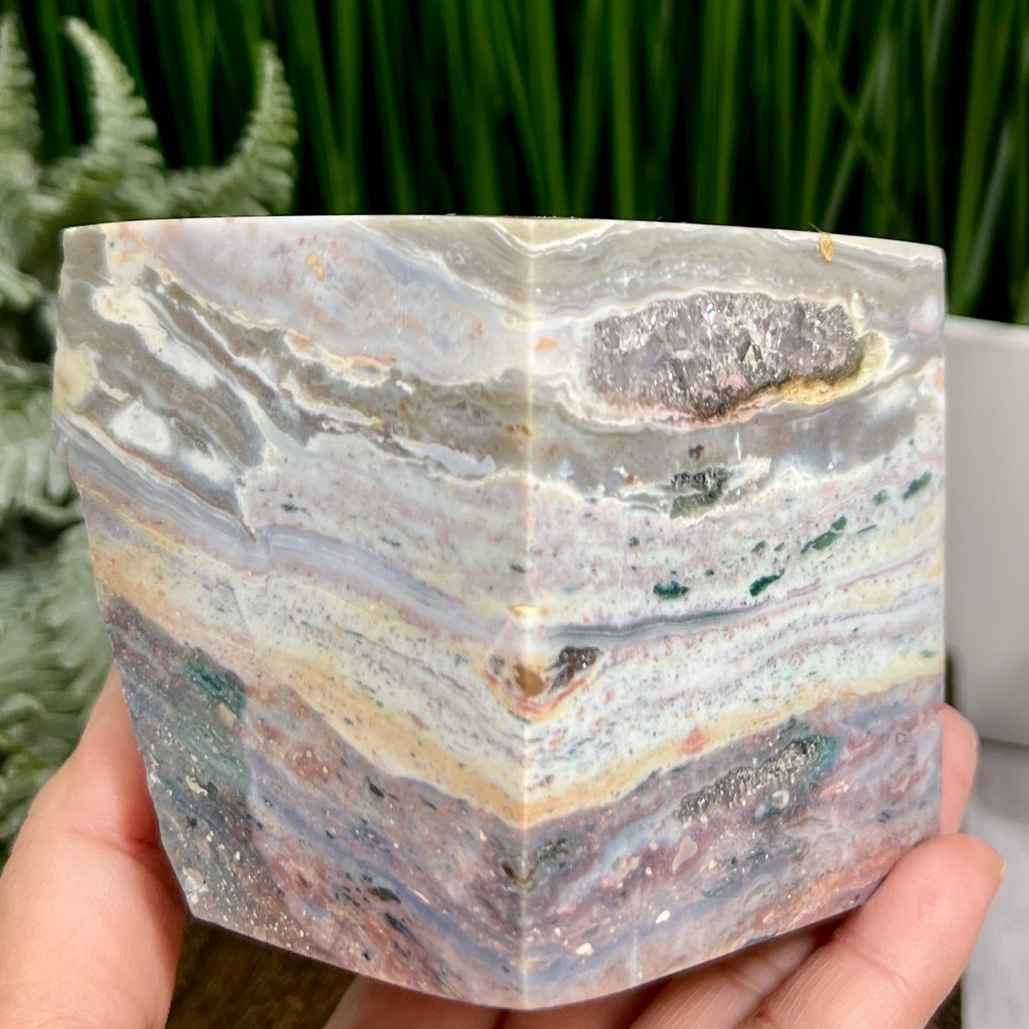 Ocean Sea Jasper Large Druzy Floating Cube Crystal Carving 1184g