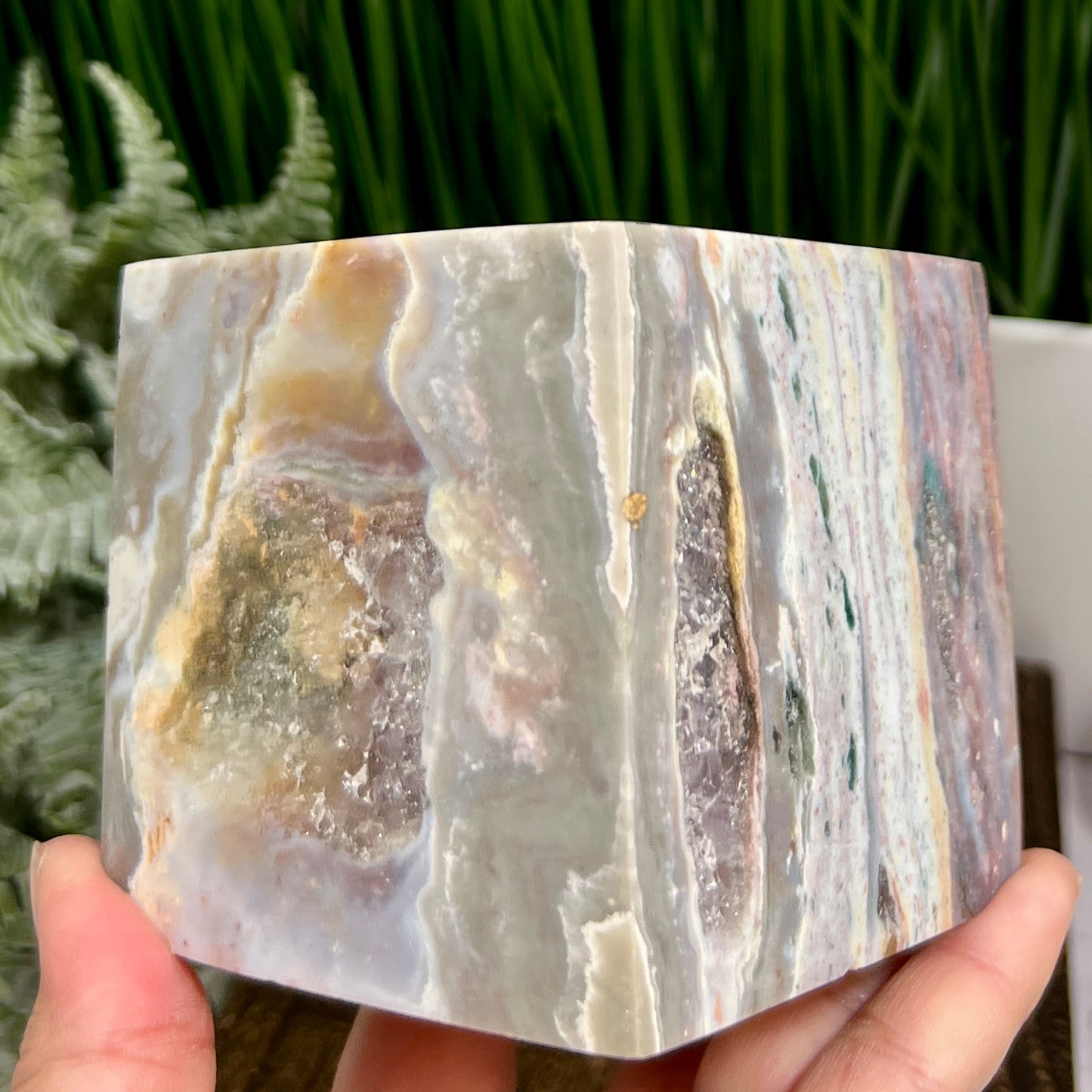 Ocean Sea Jasper Large Druzy Floating Cube Crystal Carving 1184g