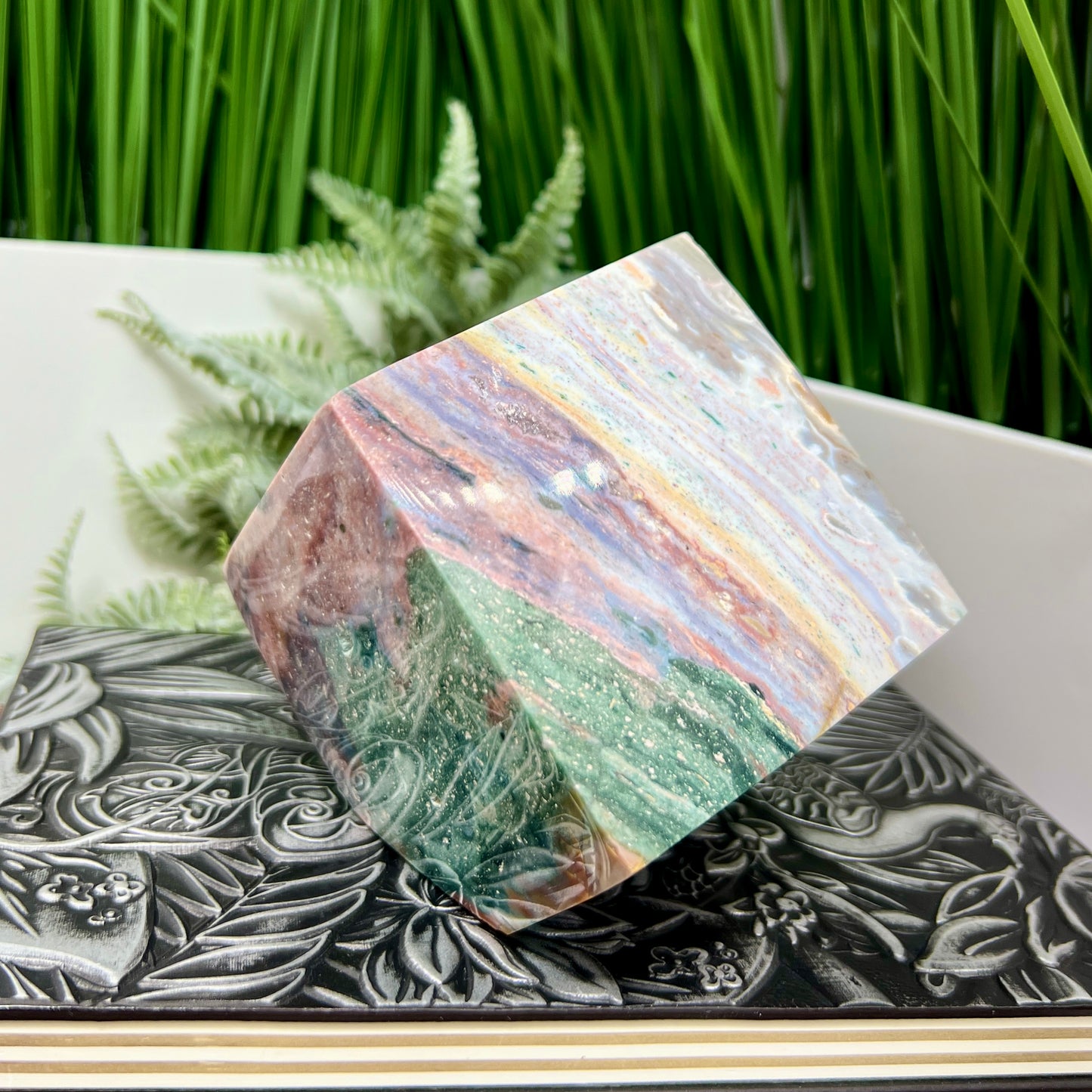 Ocean Sea Jasper Large Druzy Floating Cube Crystal Carving 1184g