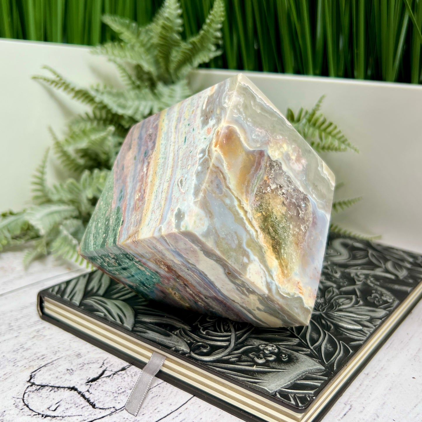 Ocean Sea Jasper Large Druzy Floating Cube Crystal Carving 1184g