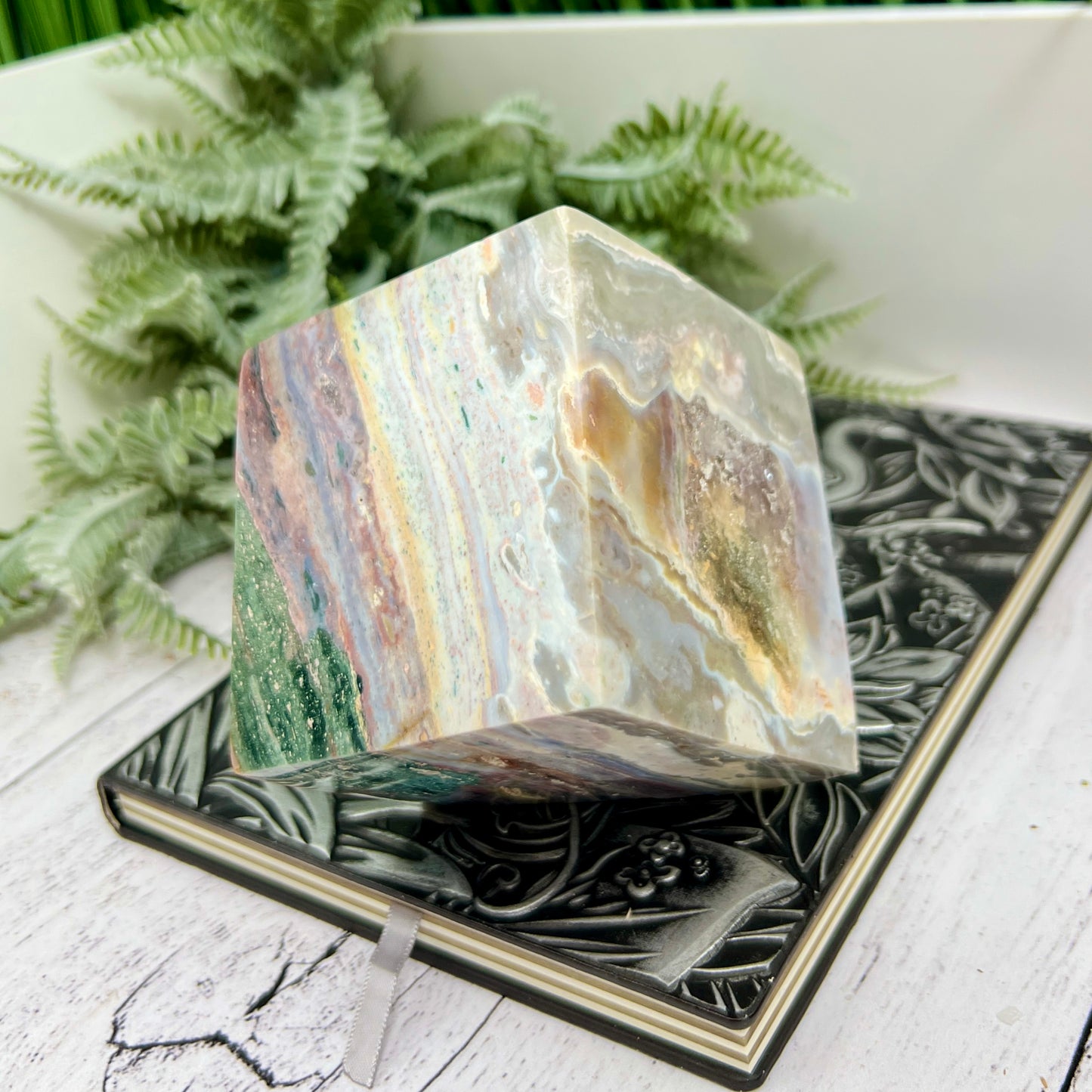 Ocean Sea Jasper Large Druzy Floating Cube Crystal Carving 1184g