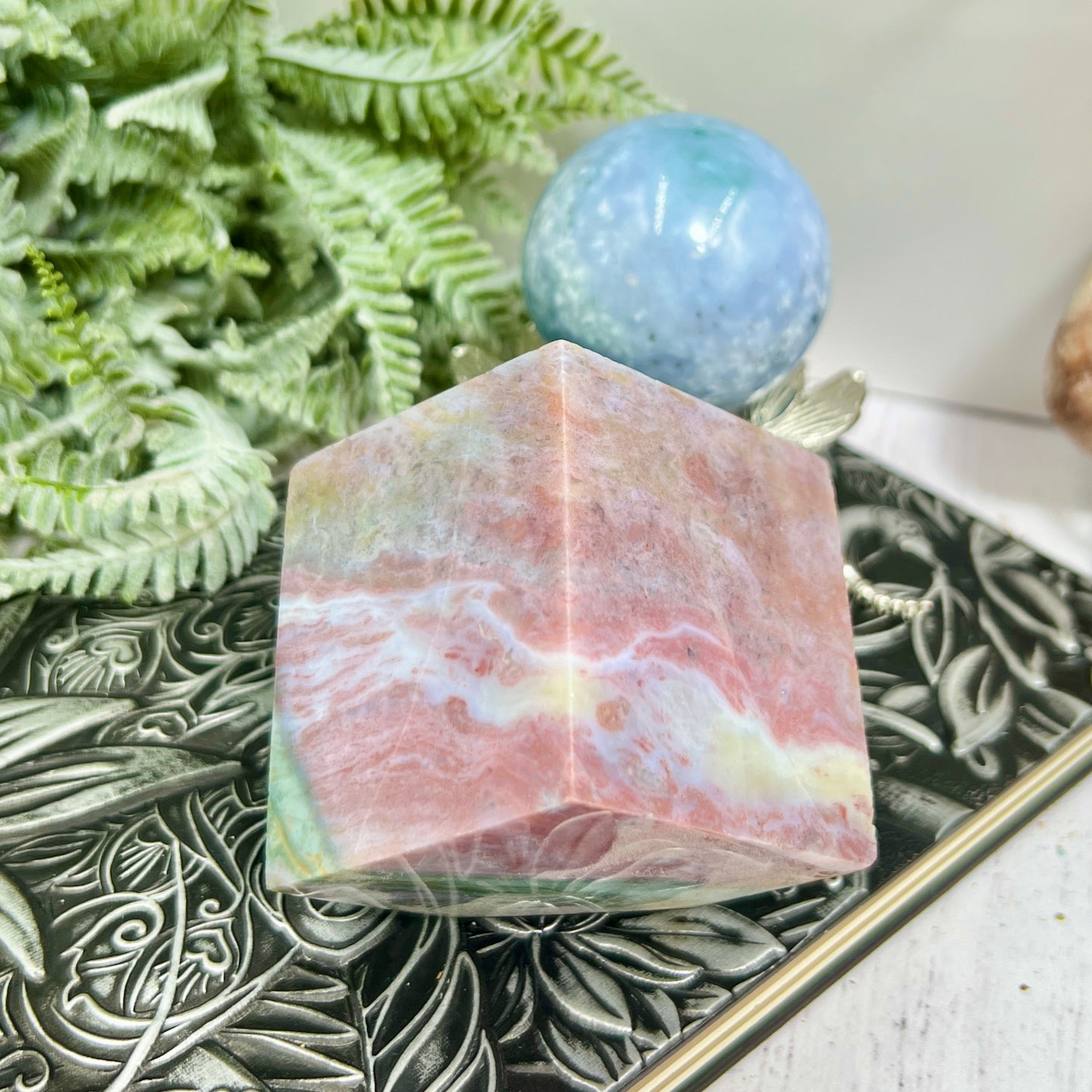 Ocean Sea Jasper Floating Cube Crystal Carving 510g