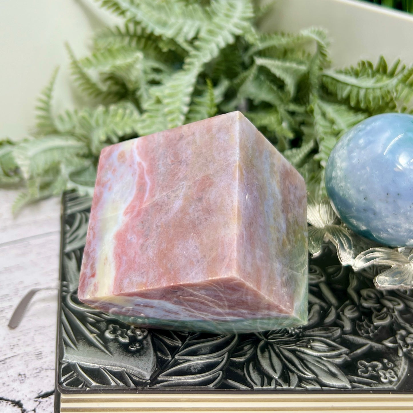 Ocean Sea Jasper Floating Cube Crystal Carving 510g