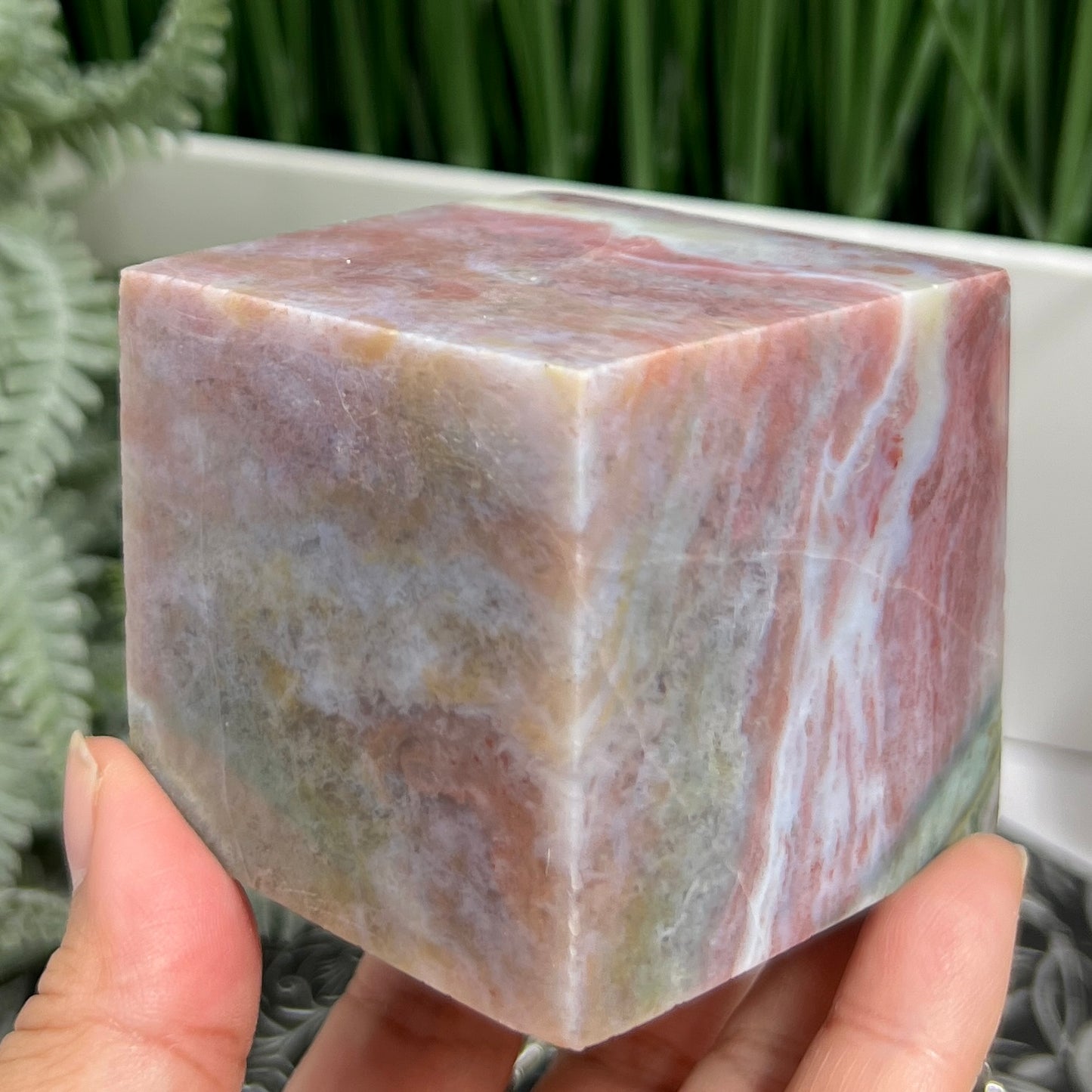 Ocean Sea Jasper Floating Cube Crystal Carving 510g