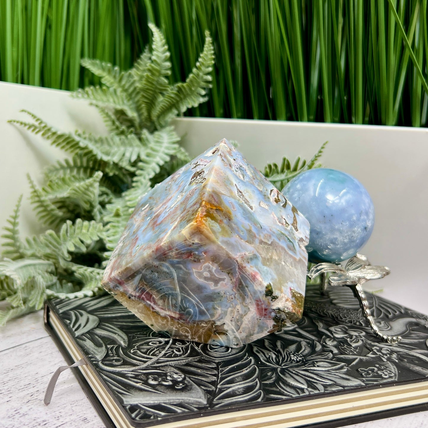 Ocean Sea Jasper Druzy Floating Cube Crystal Carving 682g