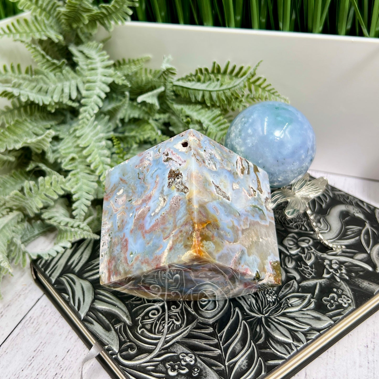 Ocean Sea Jasper Druzy Floating Cube Crystal Carving 682g