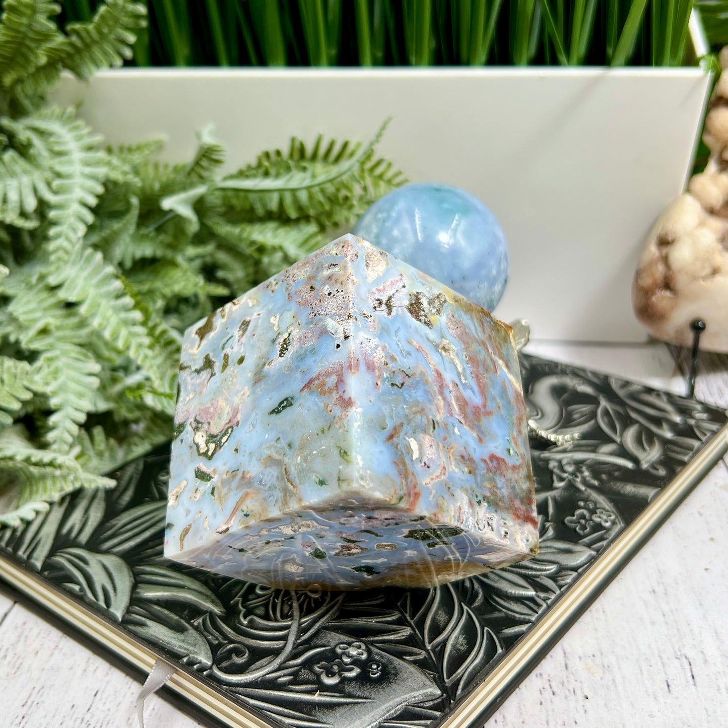 Ocean Sea Jasper Druzy Floating Cube Crystal Carving 682g