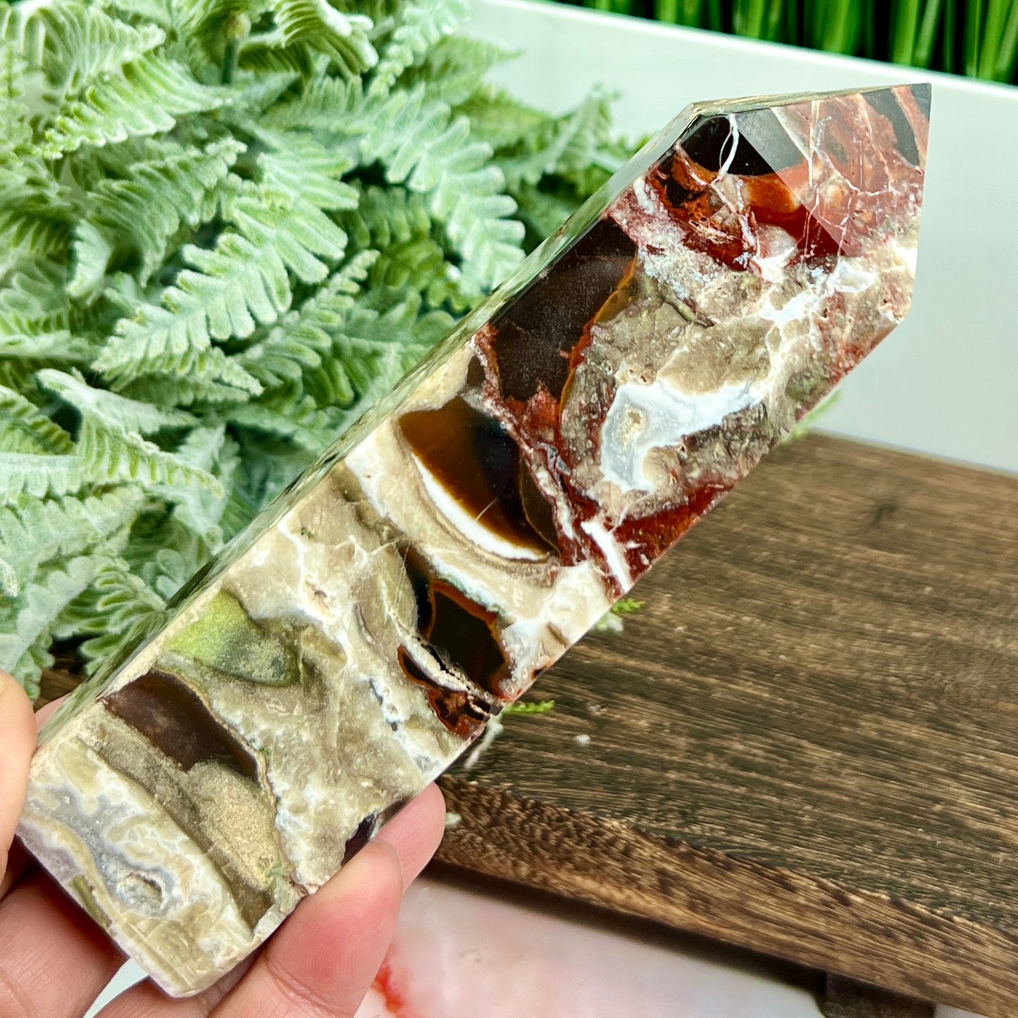 Red Moss Agate Tower Rare Healing Crystal Generator 543g 163mm