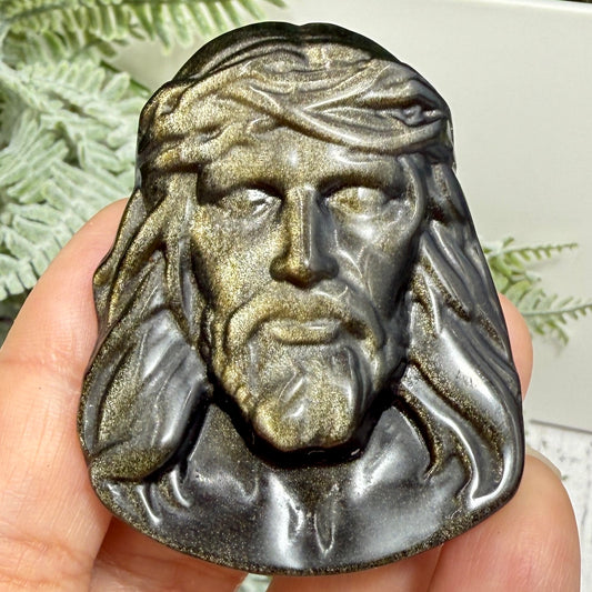 Gold Sheen Obsidian Jesus Crystal Cabochon Wire Jewellery Christian Carving 39g