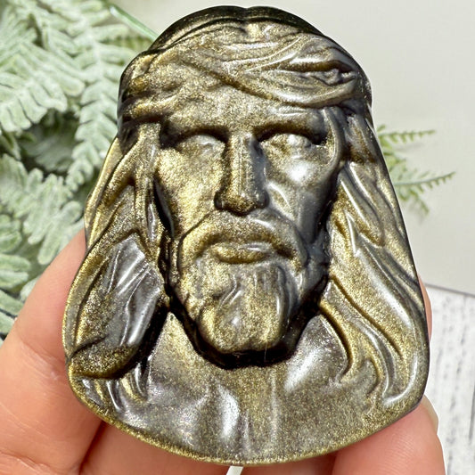 Gold Sheen Obsidian Jesus Crystal Cabochon Wire Jewellery Christian Carving 38g
