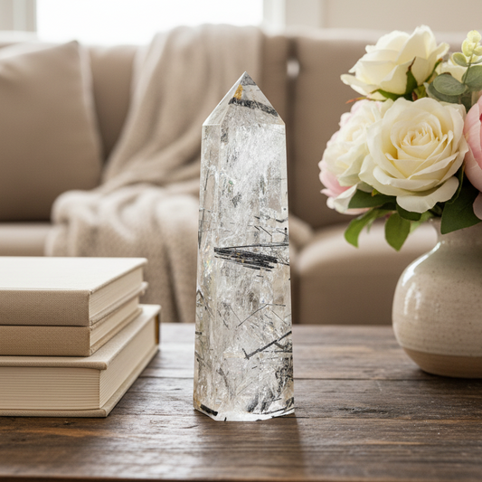 Black Tourmaline in Clear Quartz Top Quality Tower Crystal Generator 942g 203mm