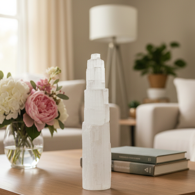 Satin Spar Selenite Tower Crystal Generator Morocco 1025g 252mm