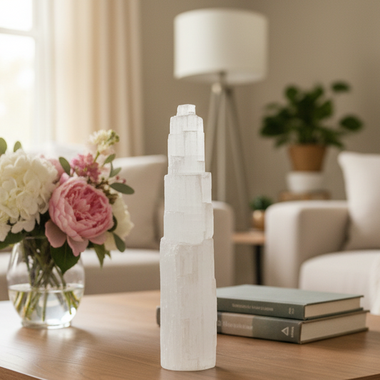 Satin Spar Selenite Tower Crystal Generator Morocco 1025g 252mm