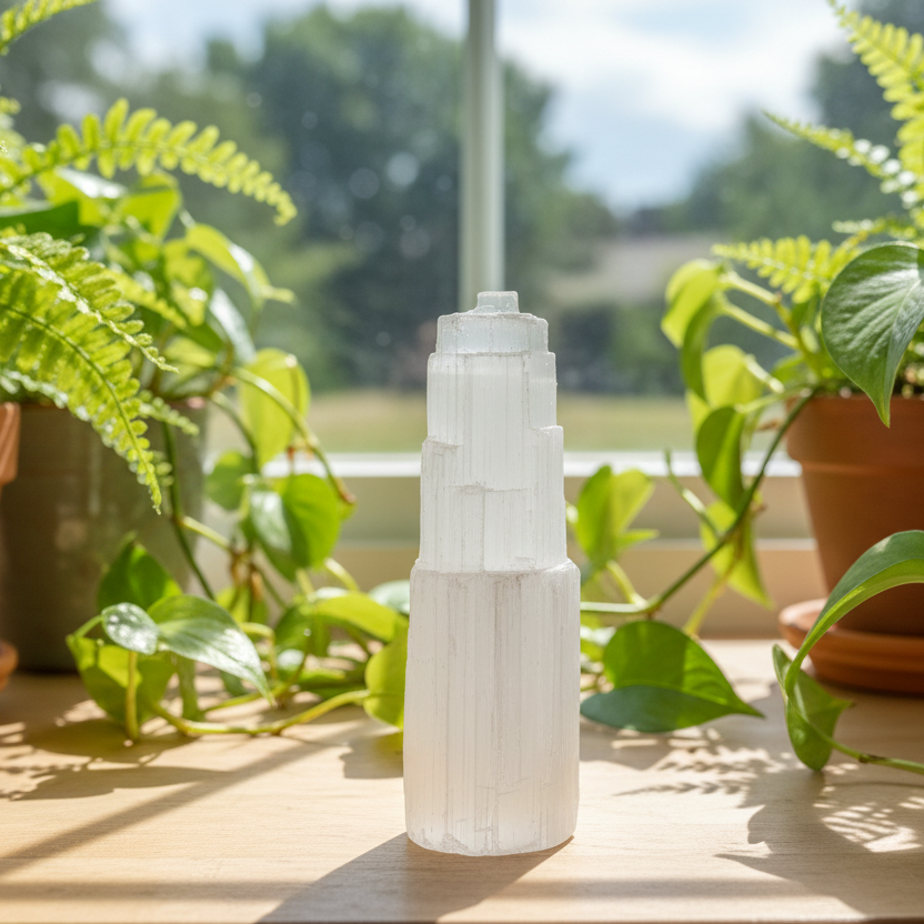 Satin Spar Selenite Tower Crystal Generator Morocco 430g 147mm