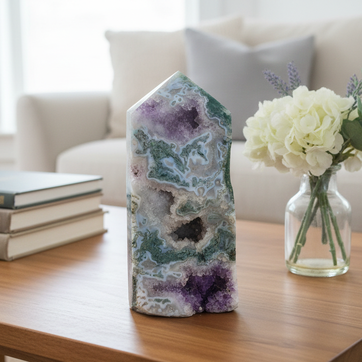 Moss Agate with Amethyst Unique Tower Crystal Generator 4544g 10lbs