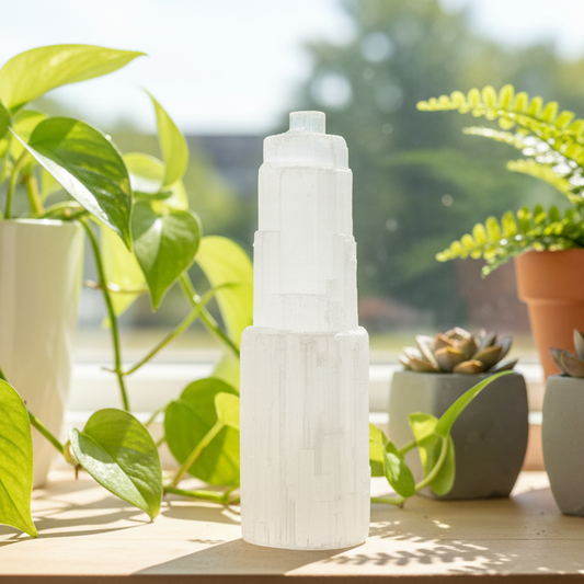 Satin Spar Selenite Tower Crystal Generator Morocco 378g 147mm