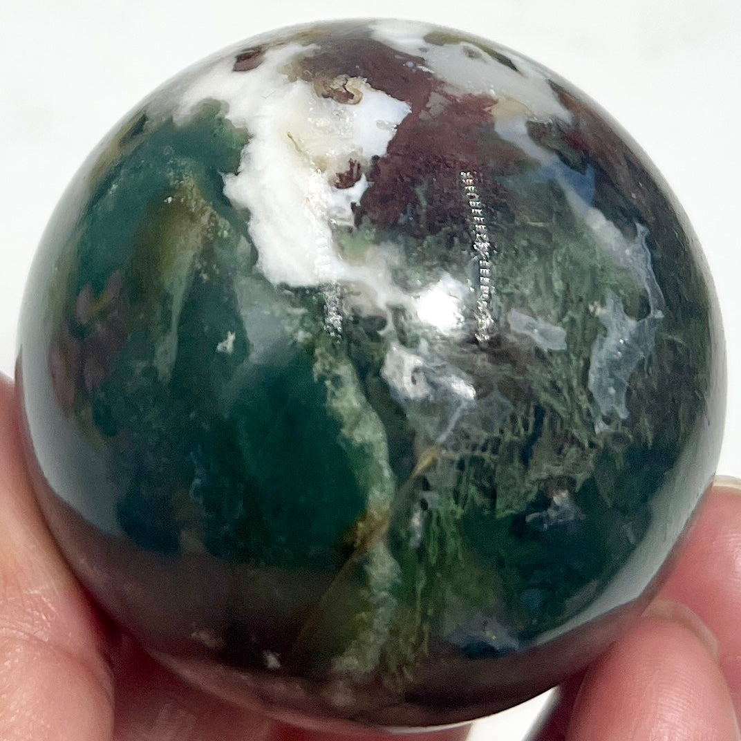 Moss Agate Green Red Sphere Healing Crystal Ball 243g 55mm