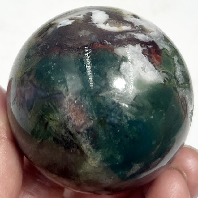 Moss Agate Green Red Sphere Healing Crystal Ball 243g 55mm