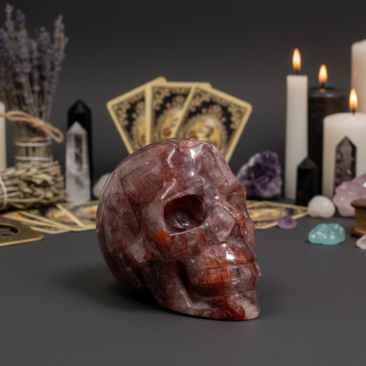 Hematoid Fire Quartz Skull Healing Crystal Carving 906g