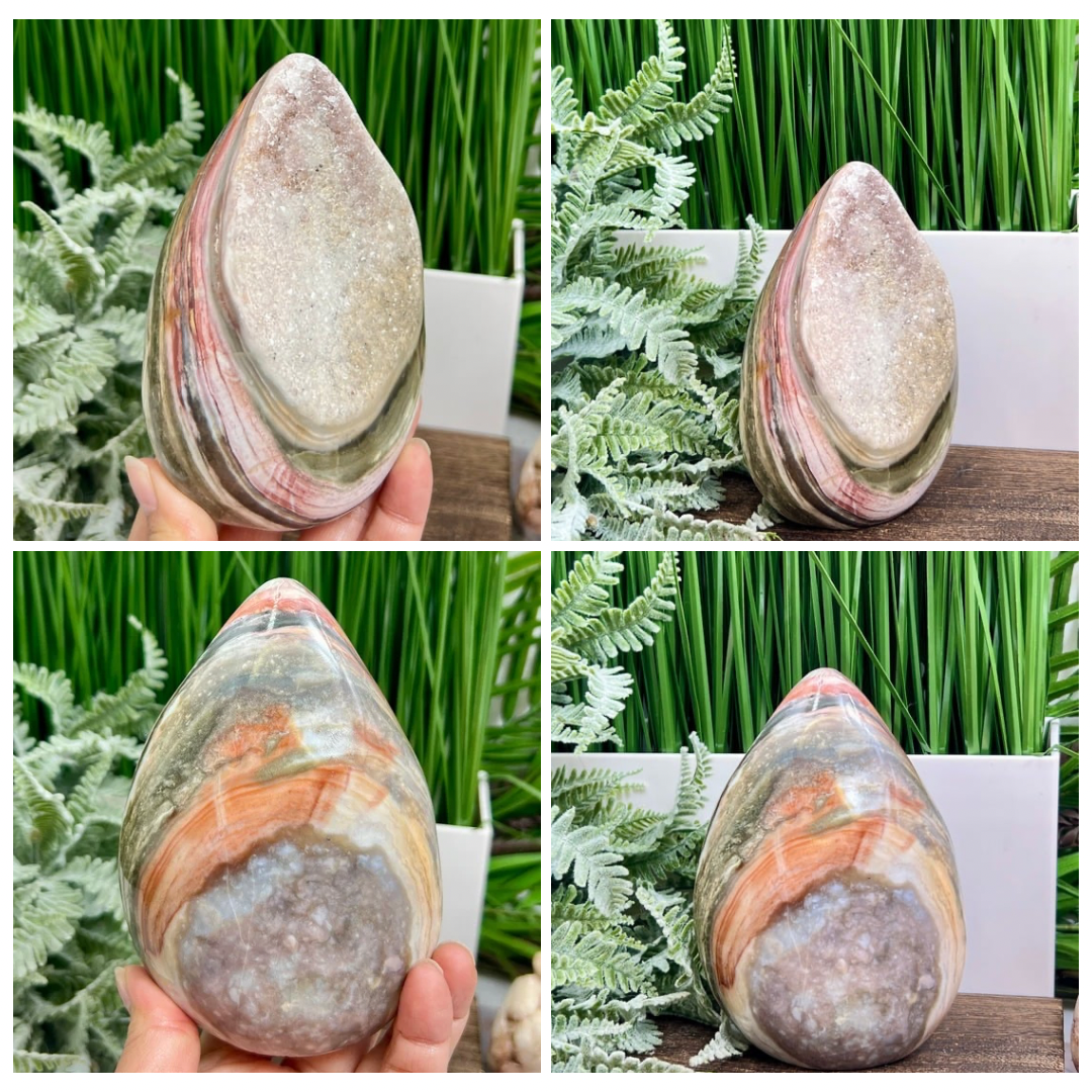 Ocean Sea Jasper with Quartz Free Form Flame Crystal Carving 826g