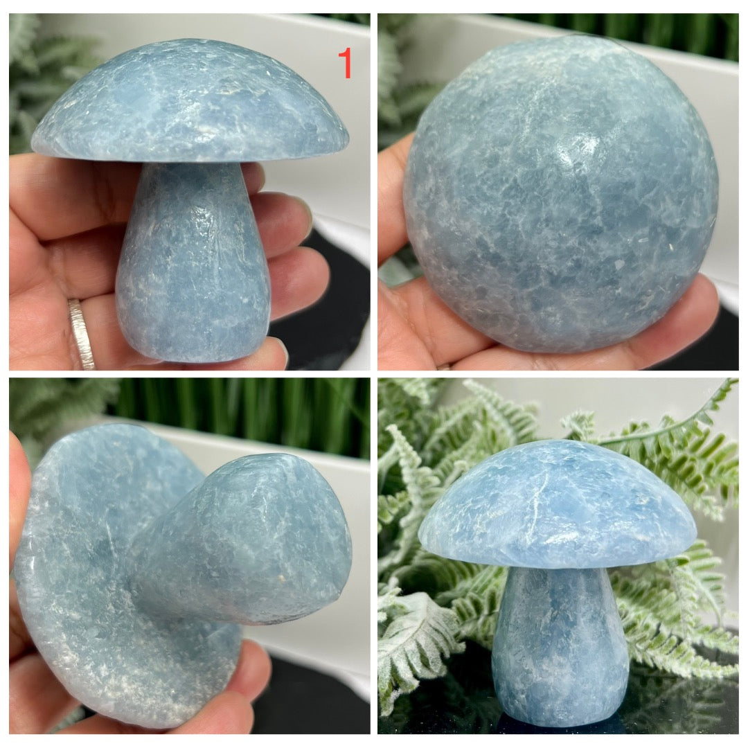 Large Blue Calcite Mushrooms Crystal Carvings YOU CHOOSE