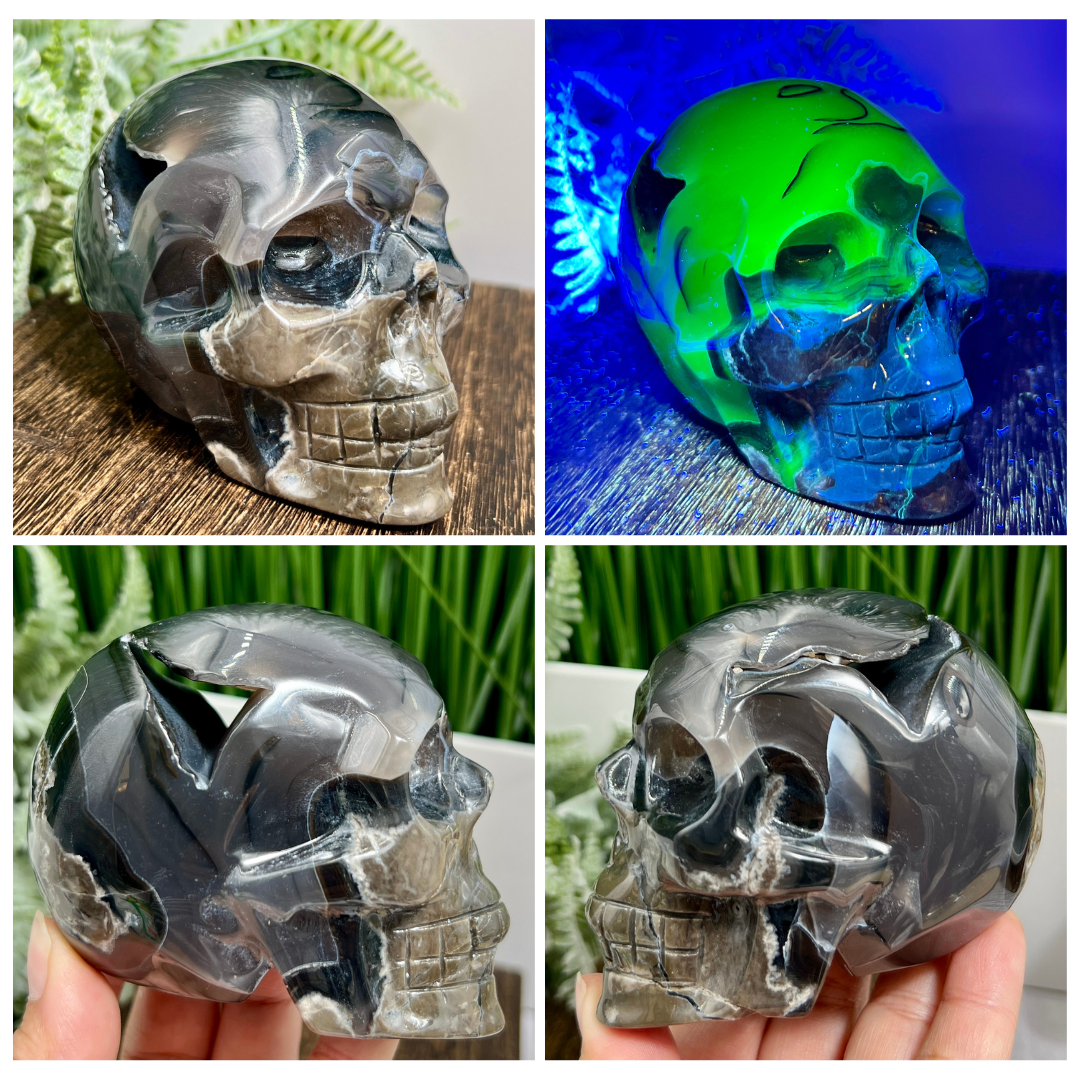 Volcanic Agate Skull UV Reactive Healing Crystal Carving 524g