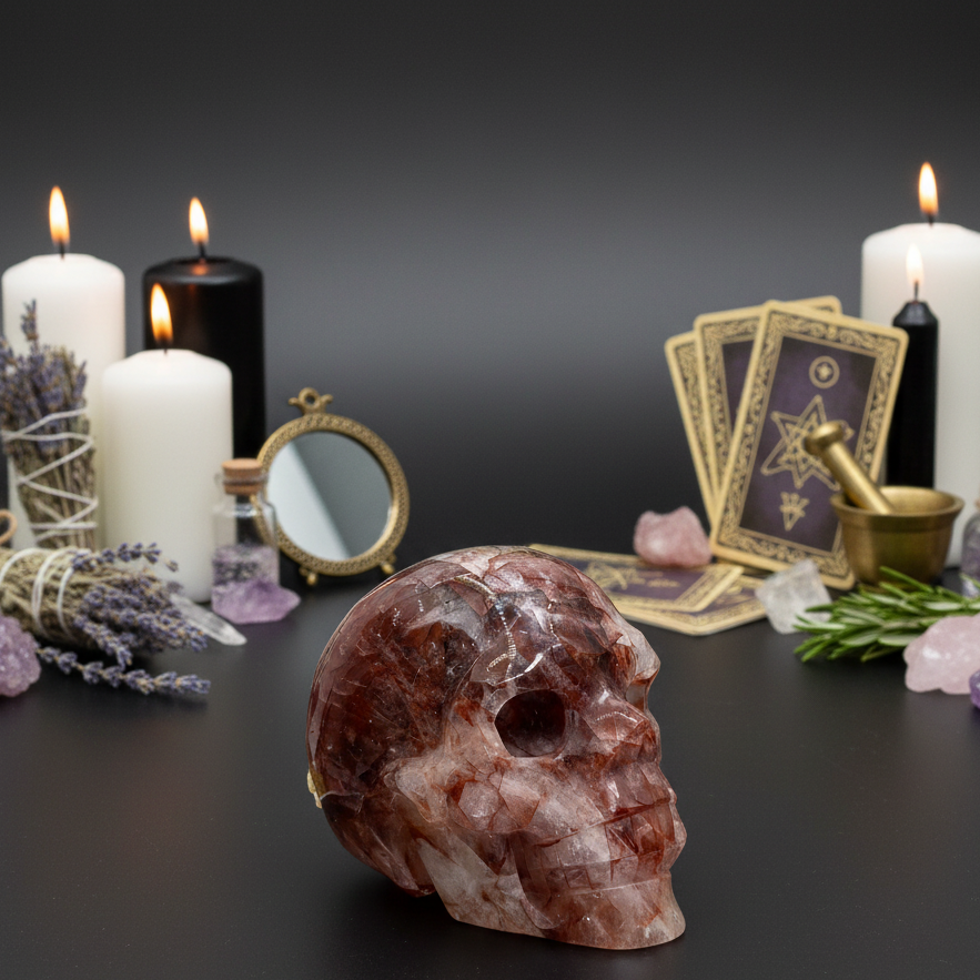 Hematoid Fire Quartz Skull Healing Crystal Carving 1066g