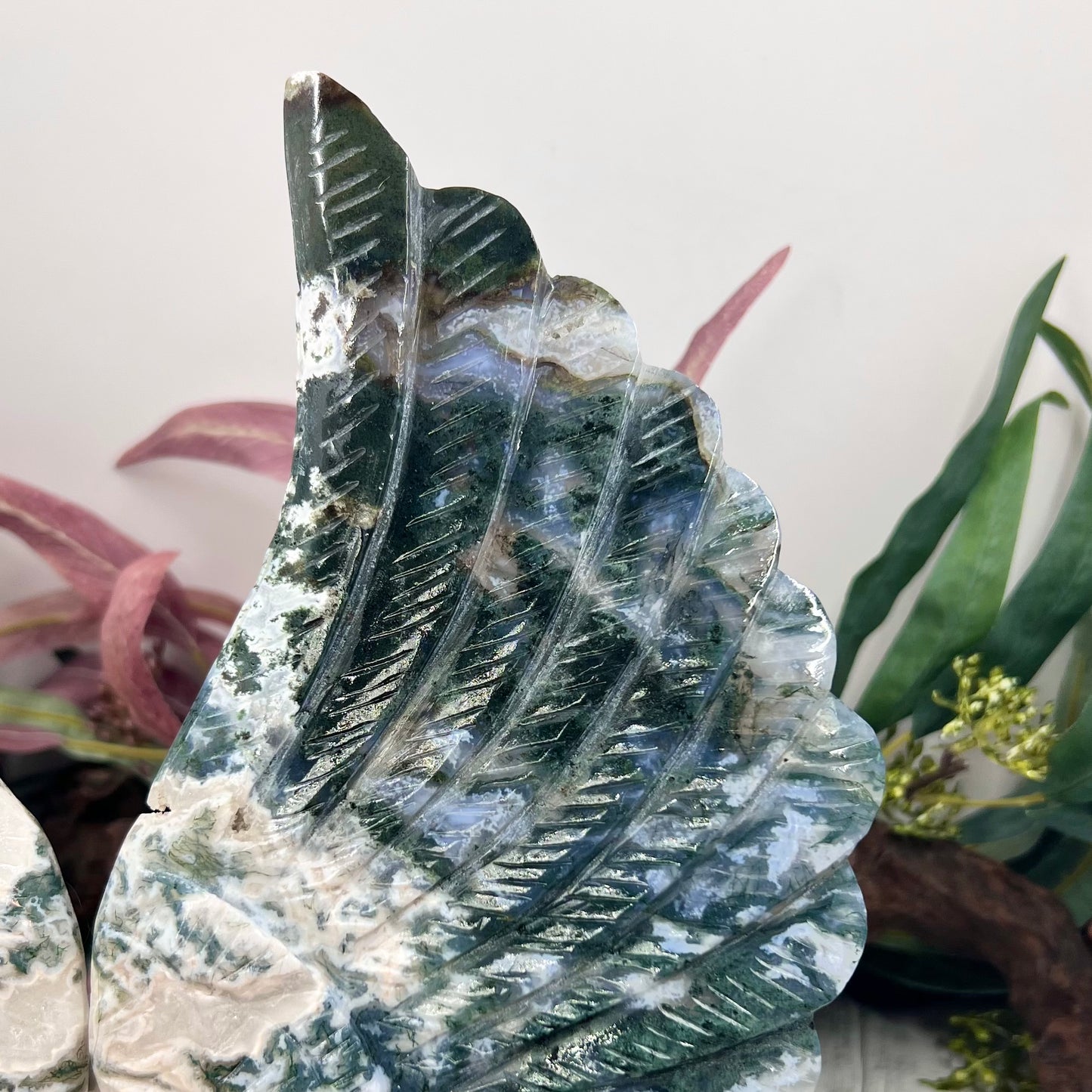 Moss Agate Angel Wings with Stand Crystal Carving