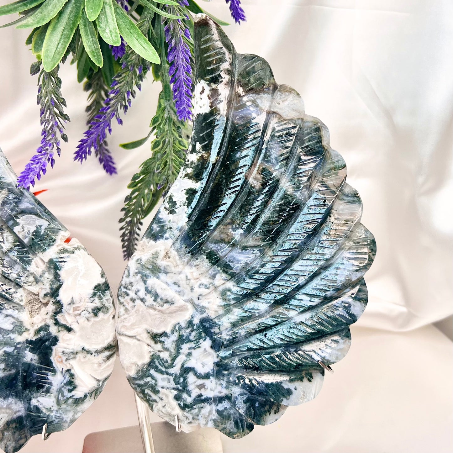 Moss Agate Angel Wings with Stand Crystal Carving