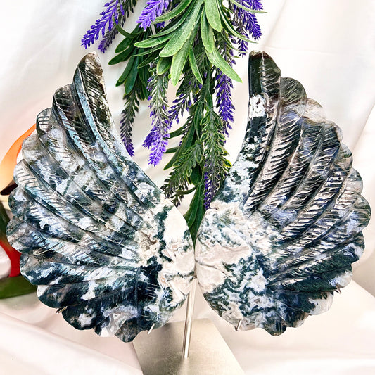 Moss Agate Angel Wings with Stand Crystal Carving