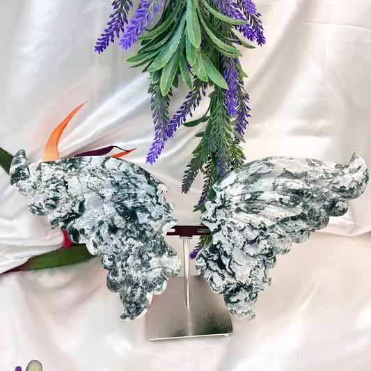 Moss Agate Butterfly Wings with Stand Crystal Carving