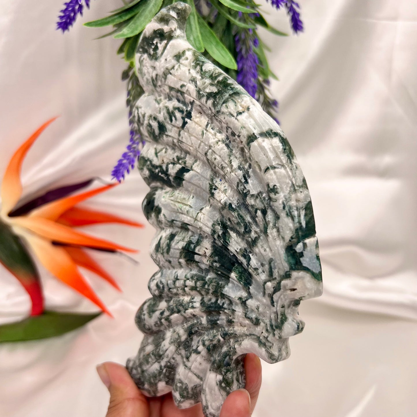 Moss Agate Butterfly Wings with Stand Crystal Carving Australian Seller