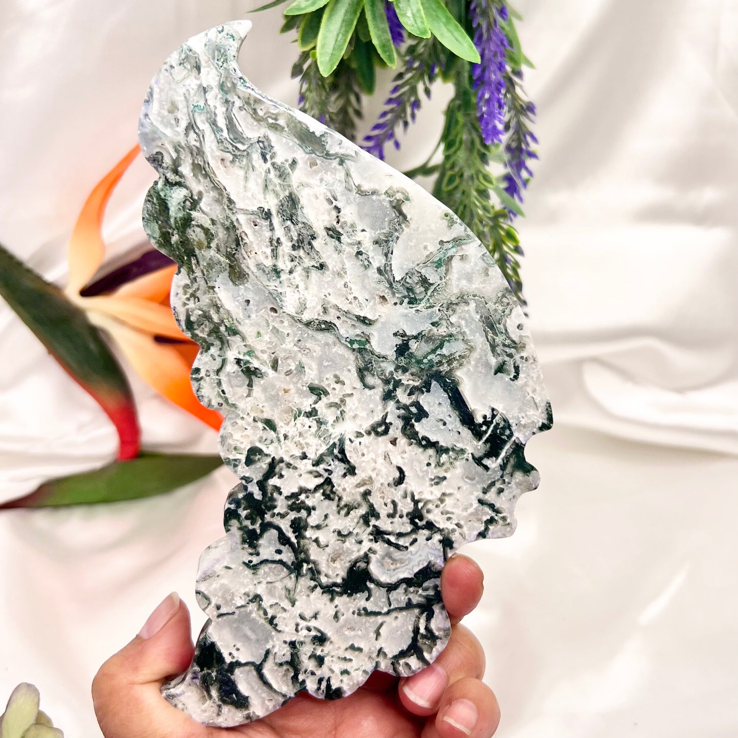 Moss Agate Butterfly Wings with Stand Crystal Carving Australian Seller